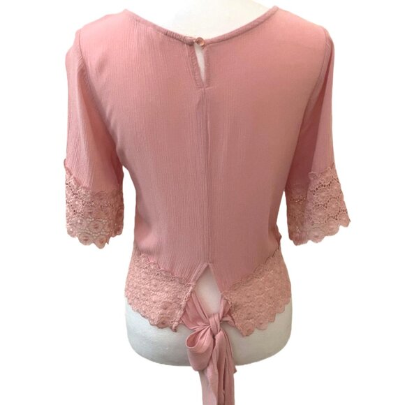 Self Esteem Pink Lace-Trim Crewneck Short Bell Sleeve Back Tie Top Size Small - Picture 5 of 7